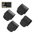 Set of four black trimmer comb guards with angled teeth