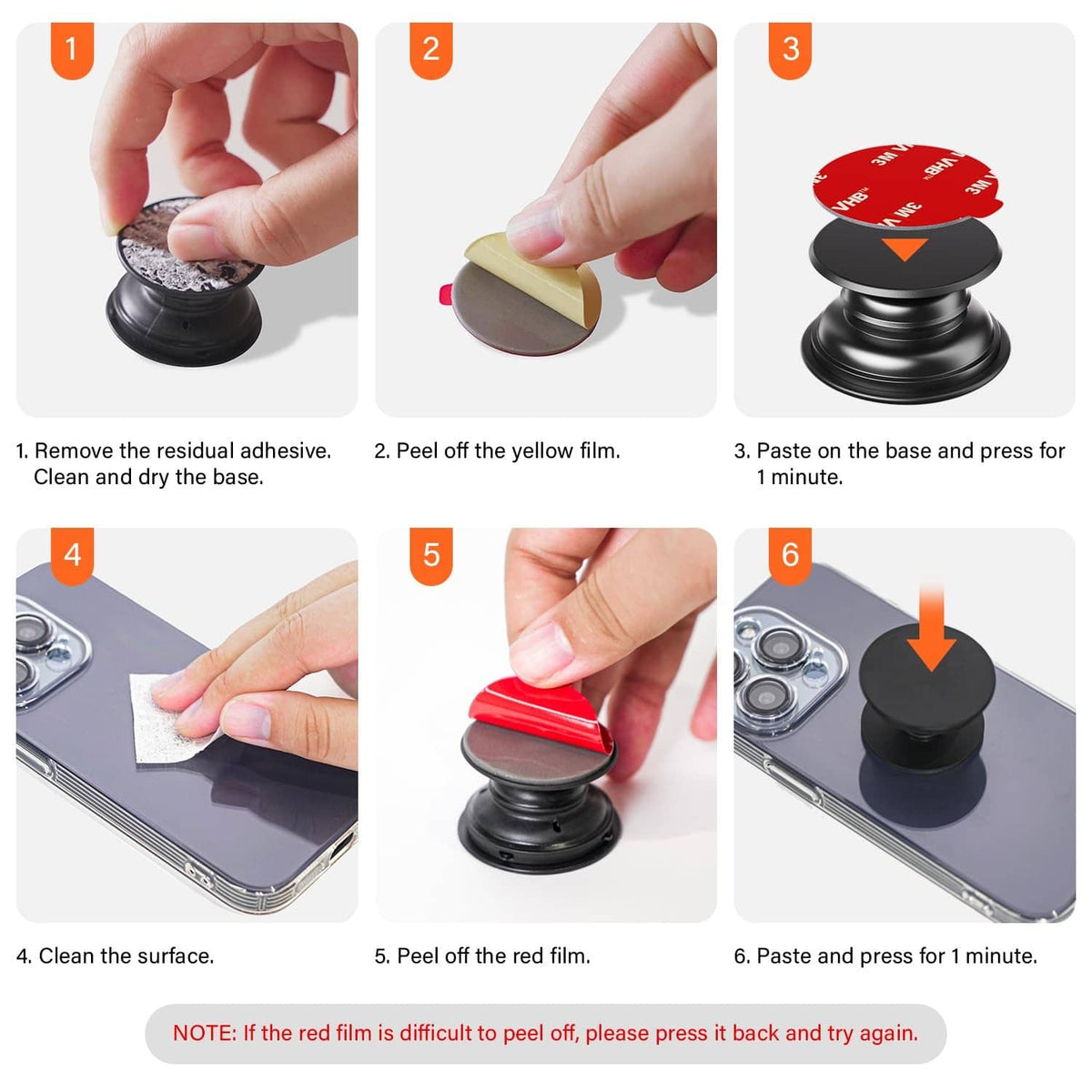 Hands peeling film from a black adhesive pad with red 3M VHB disc