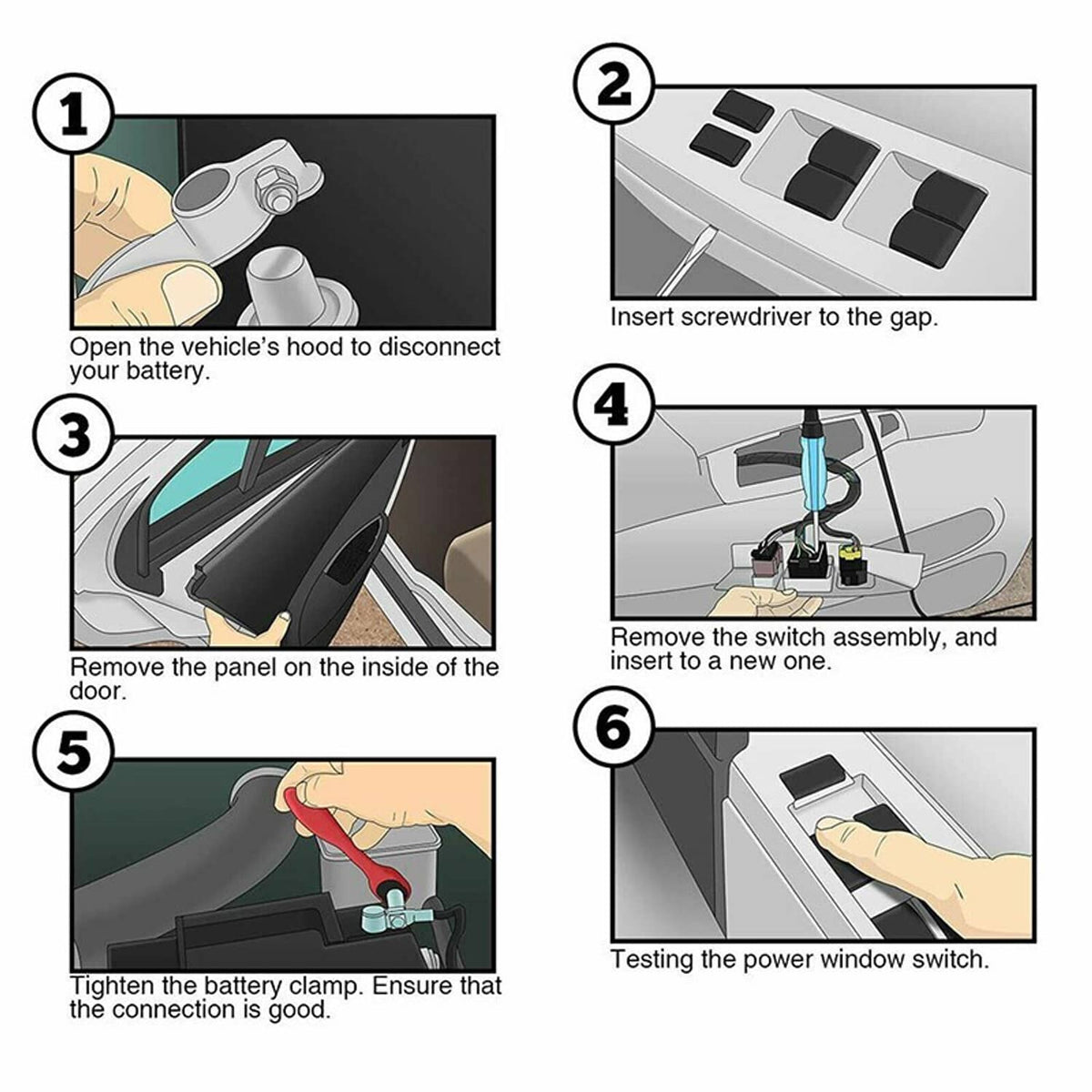Power window switch installation steps diagram with hands, screwdriver, and clamps