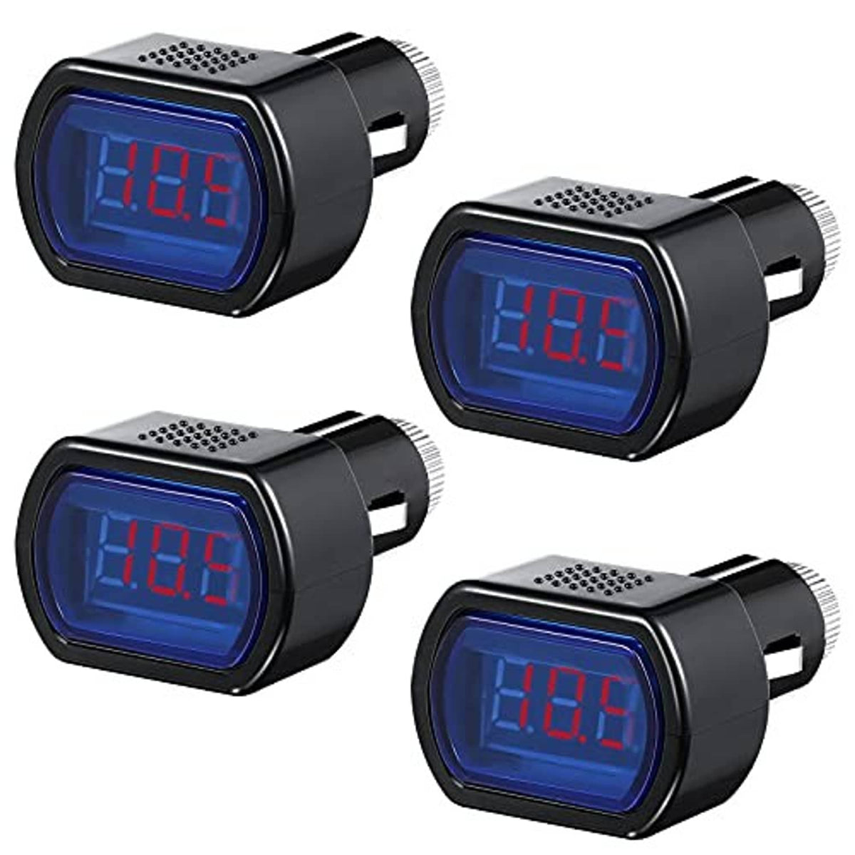 4-piece digital car voltmeter set showing blue LED voltmeter screens on black mounts