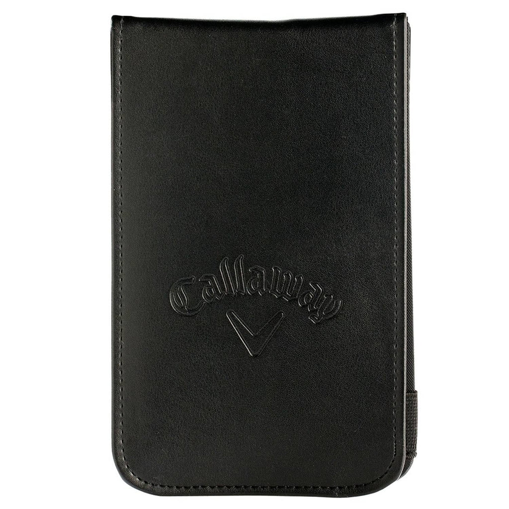 Black leather Callaway golf scorecard holder with stitched edges and embossed logo