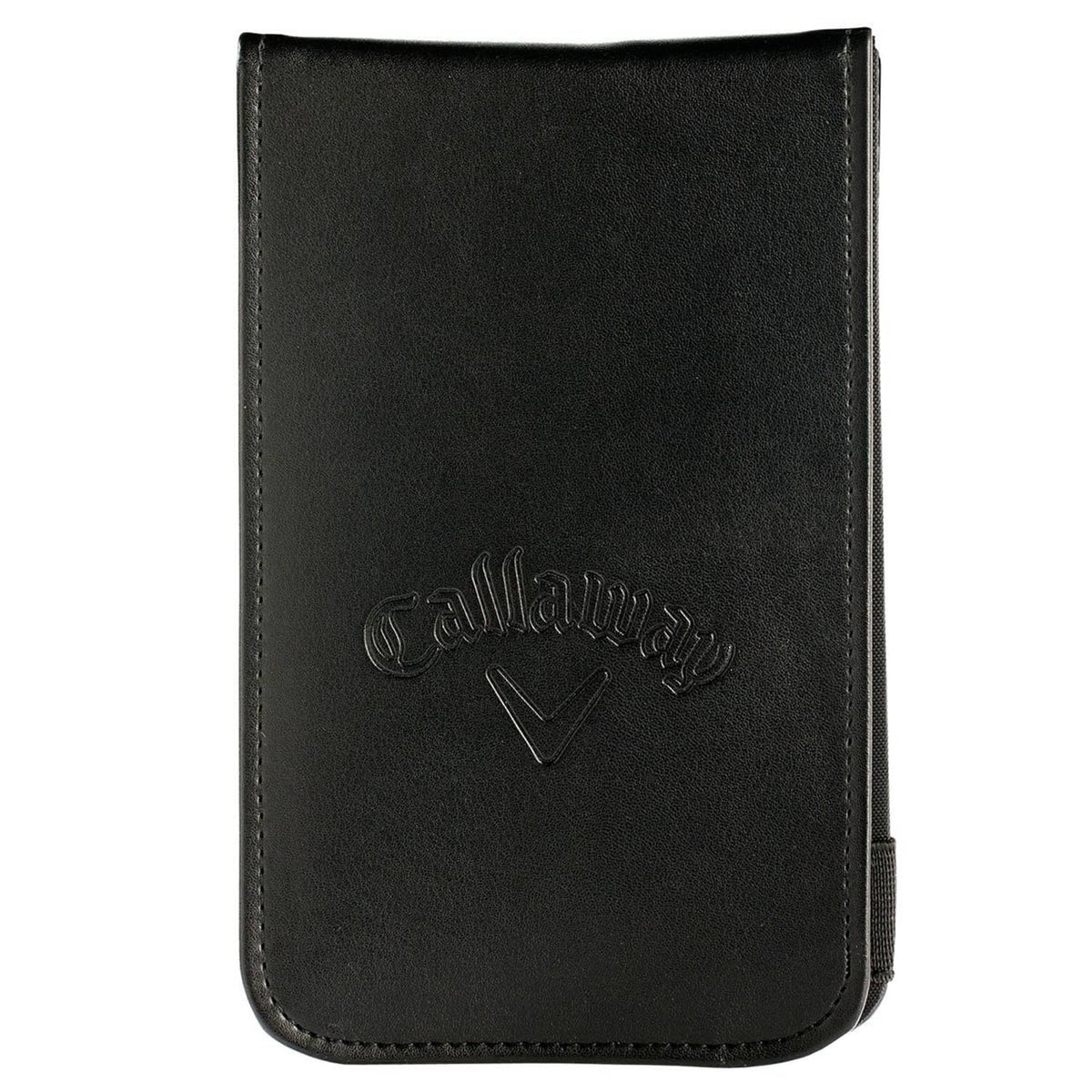 Black leather Callaway golf scorecard holder with stitched edges and embossed logo