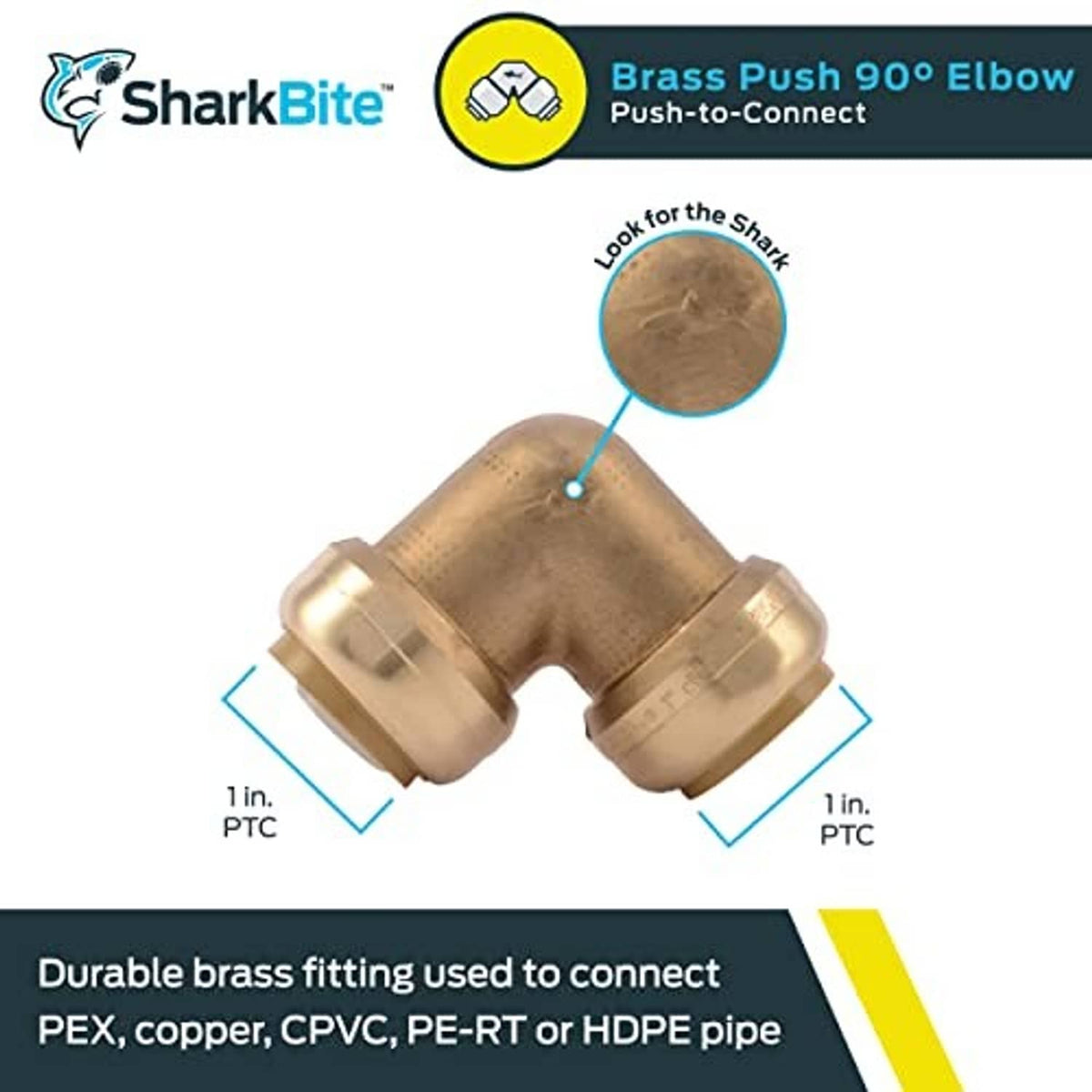90° brass push-to-connect elbow fitting with SharkBite branding