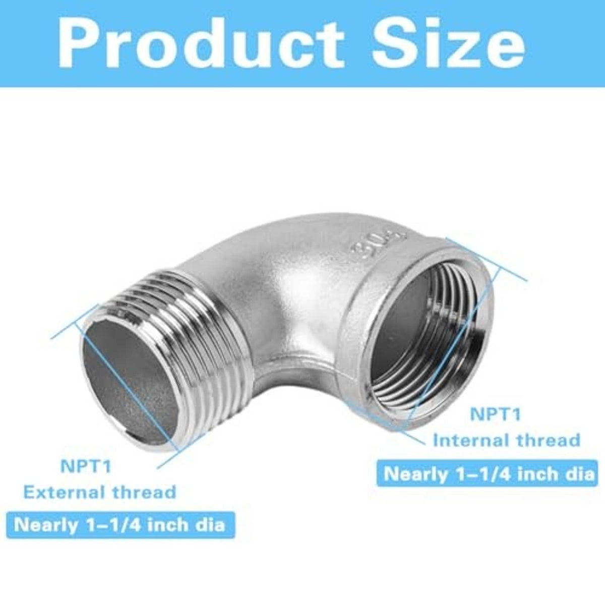90-degree stainless steel elbow fitting with NPT threads and curved body