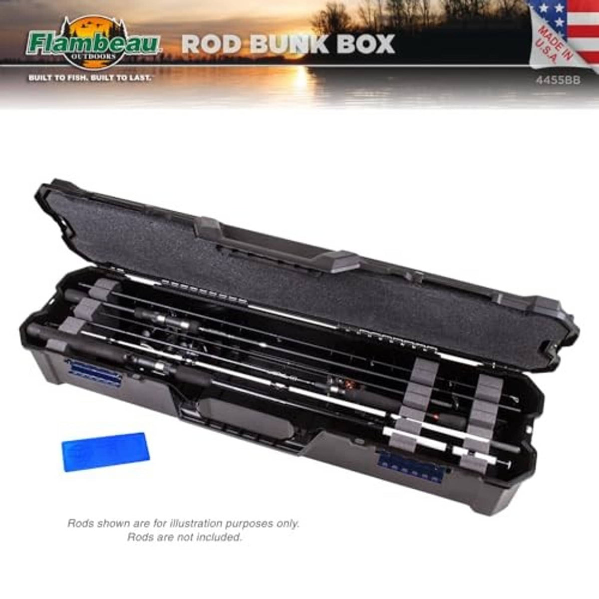 Black rod bunk box open, revealing padded rails and multiple rod holder compartments.