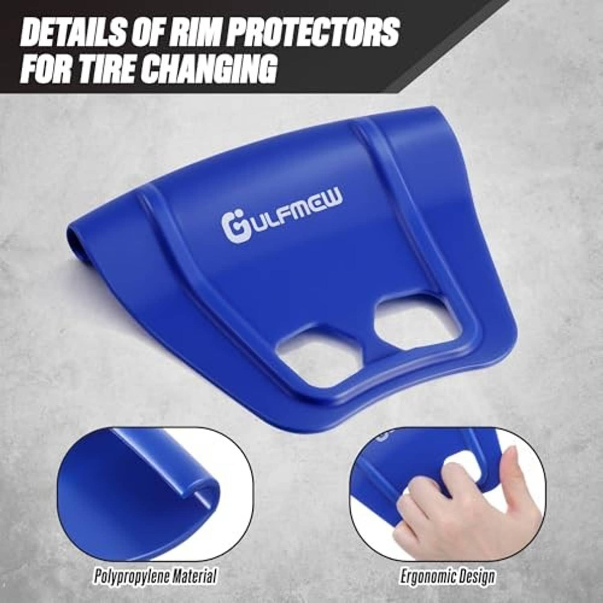 Blue rim shield protector with ergonomic grip cutouts for tire changing