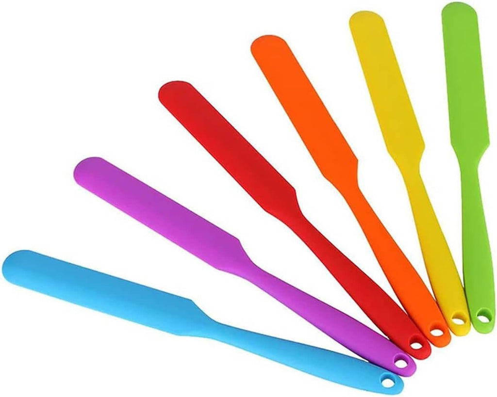 Six multicolor silicone spatulas, flexible flat blades with hanging holes
