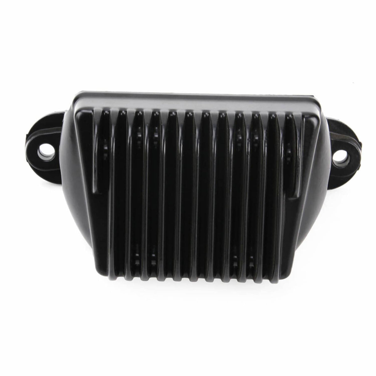 Black voltage regulator rectifier with ribbed cooling fins and two rear side tabs