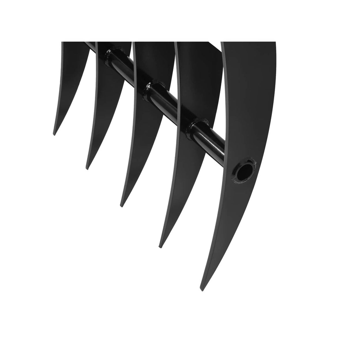 Mini excavator rake attachment with five pointed curved tines, black steel finish