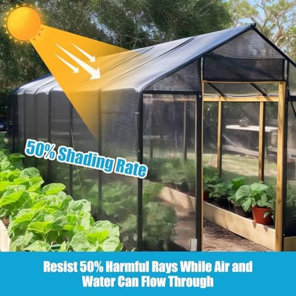 Black mesh shade cloth panels on a greenhouse roof and side walls