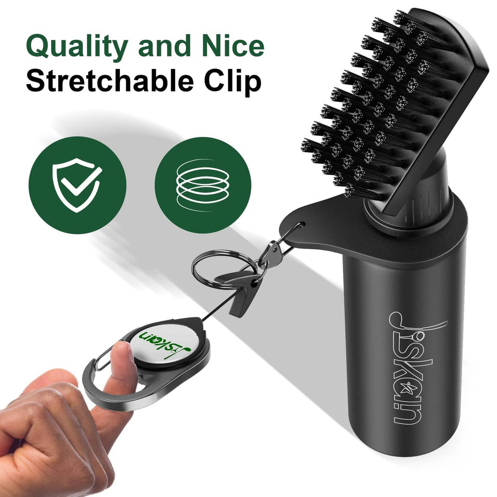 Black golf club cleaning brush with squeeze bottle and clip carabiner