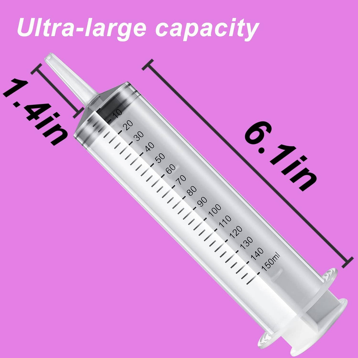 Large clear 150 ml syringe with black measurement scale and white base plunger