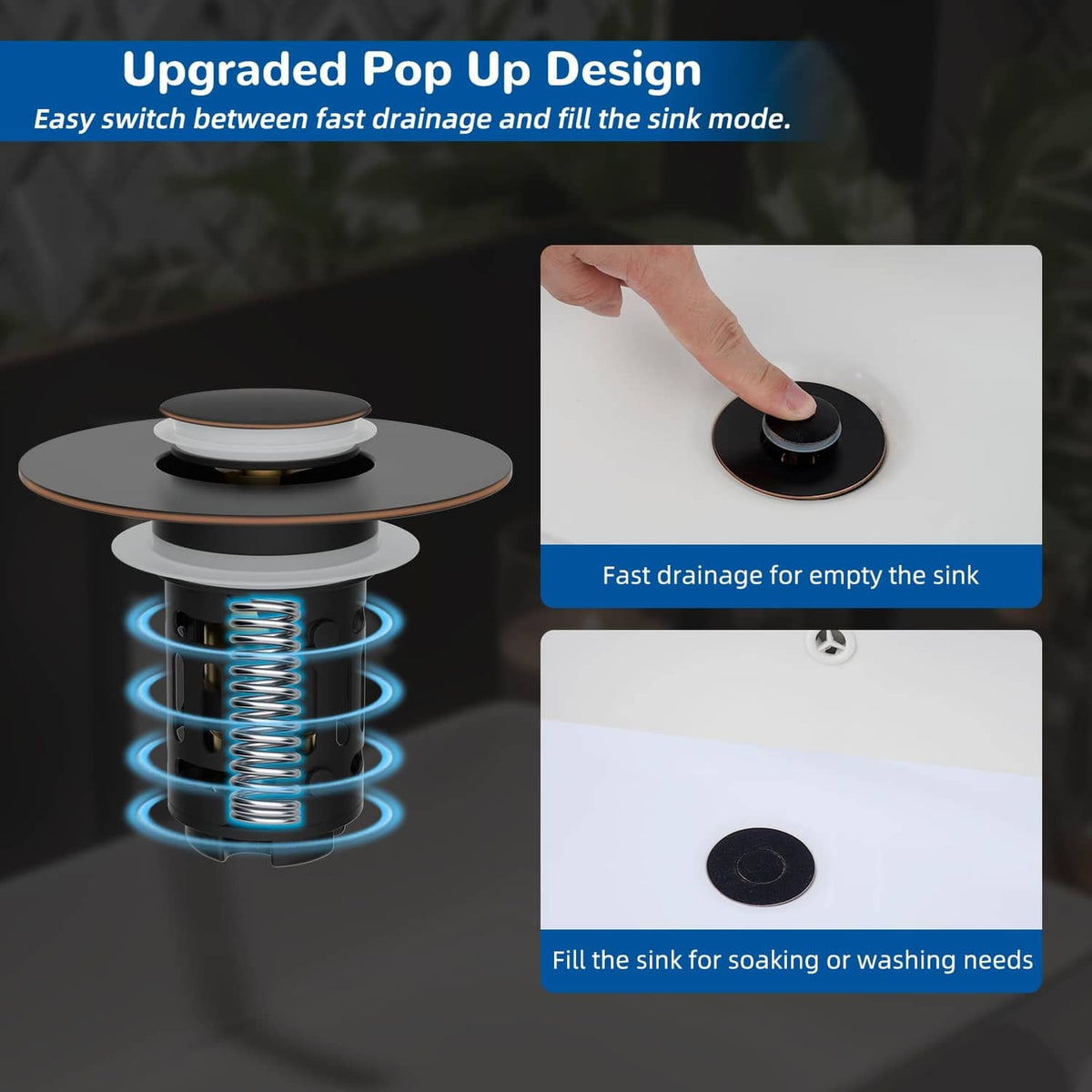 Bathroom sink pop-up drain stopper with black round cap for fast emptying or filling
