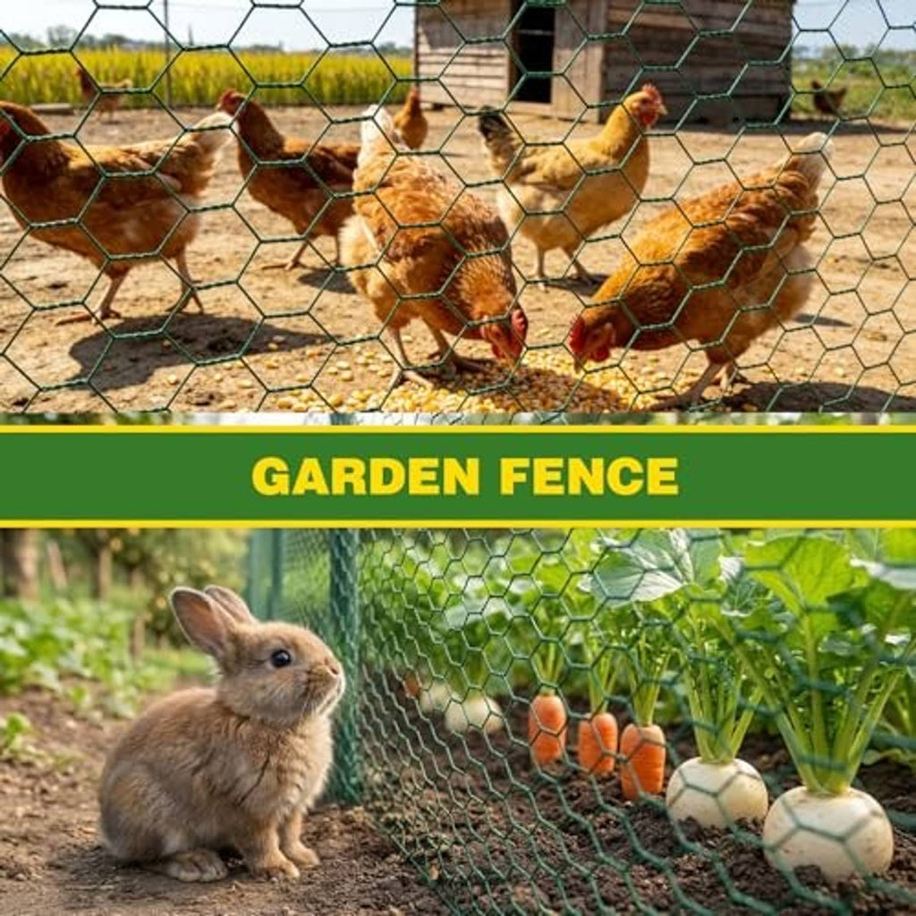 Green chicken wire fence netting with hexagonal mesh panels for garden protection