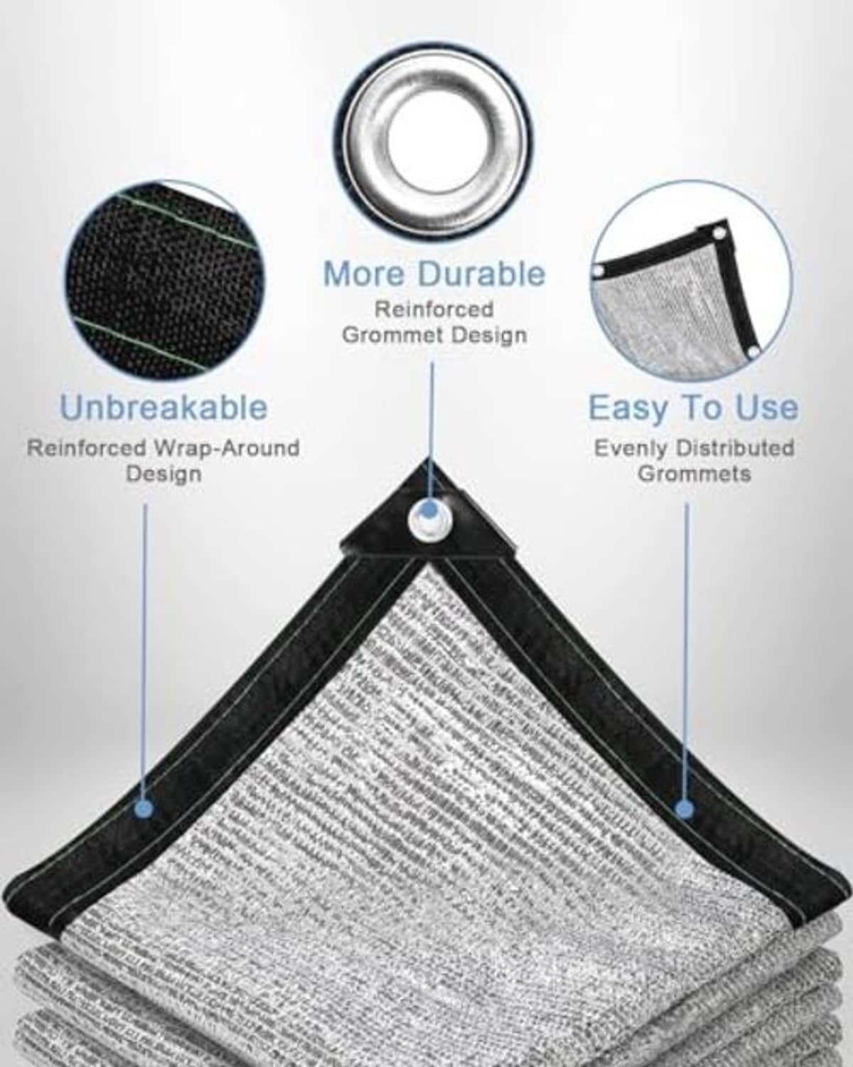 Reflective shade cloth sheet with black border and metal grommet, folded corner view