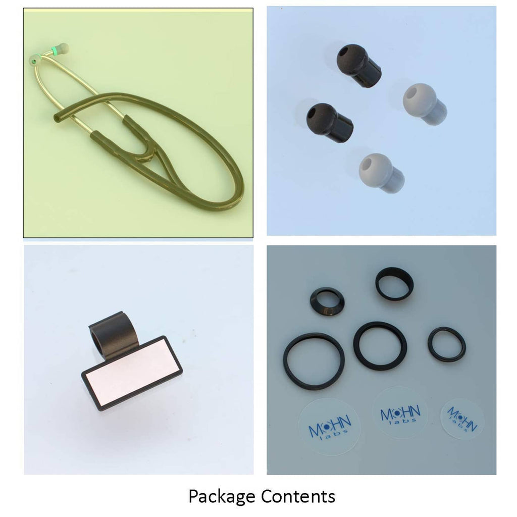 Cardiology tubing package contents: tubing, ear tips, and spare rubber rings