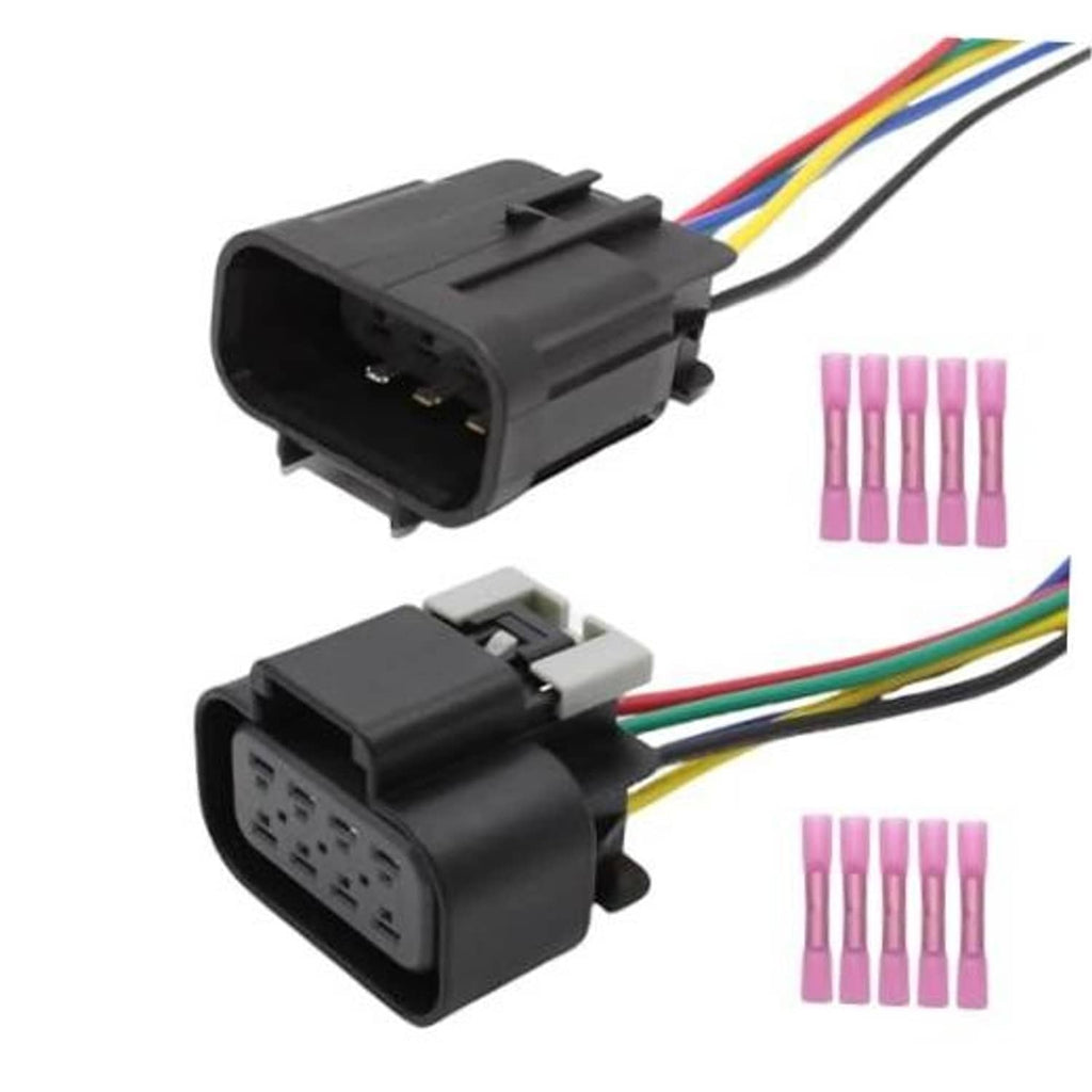 5-pin headlight connector plug harness pigtail with black housings and multicolor wires