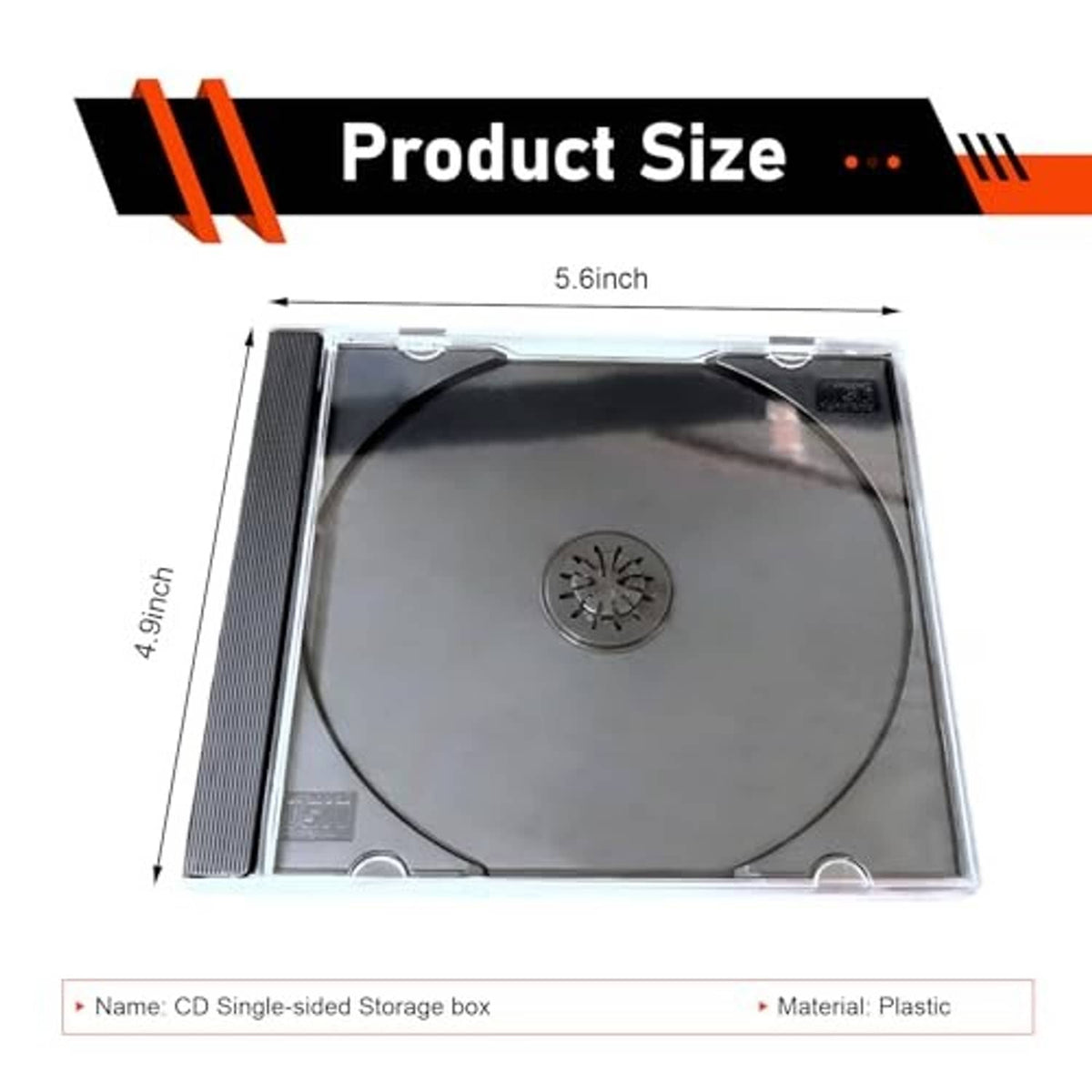 Single clear CD jewel case with black tray and center hub, transparent lid