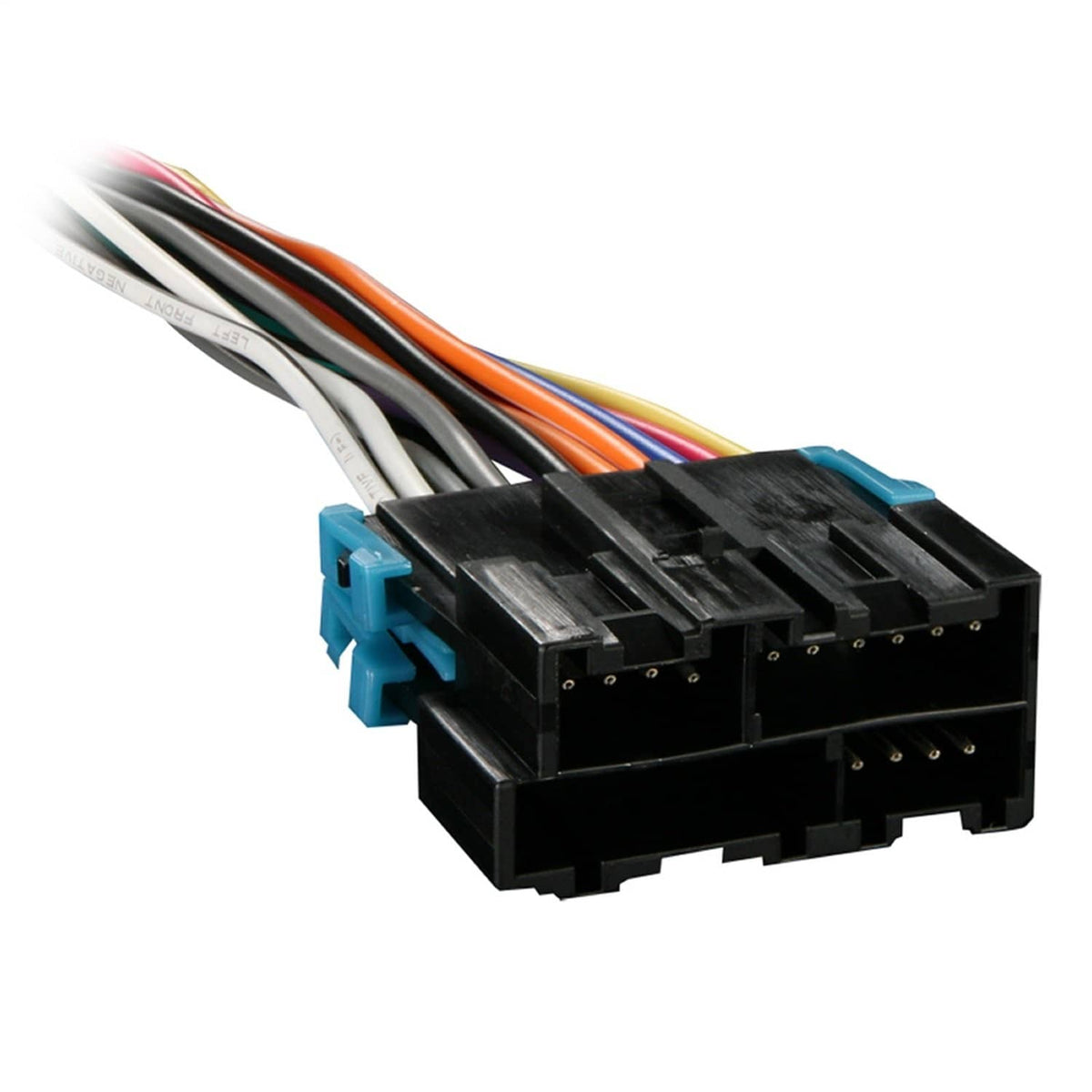 Multi-color wiring harness with two black receiver connectors and blue plug, 10 ft