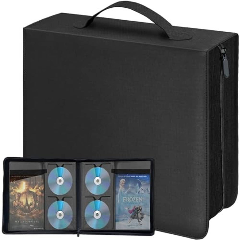 Black disc storage binder case with carry handle and zipper, open with 6 discs shown