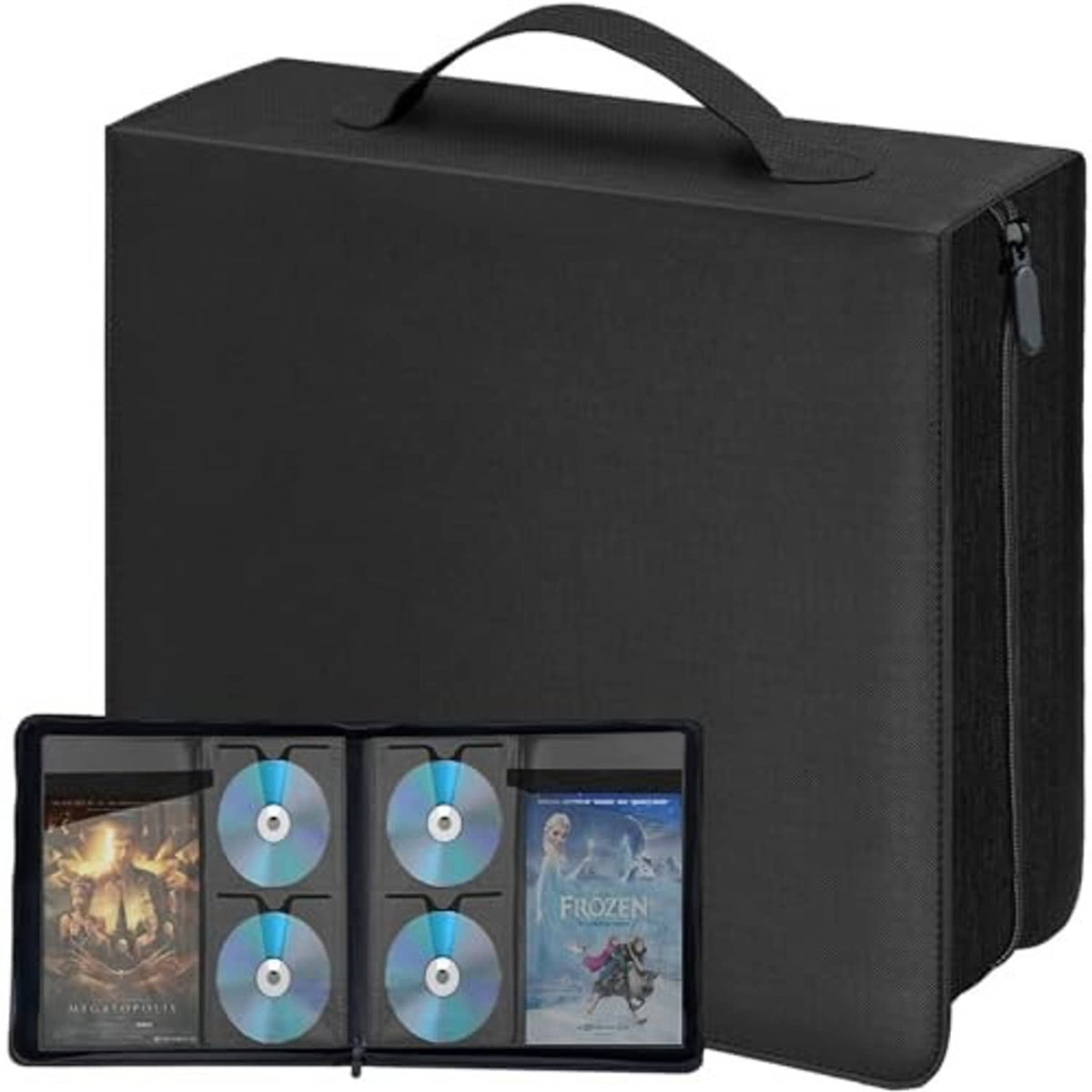 Black disc storage binder case with carry handle and zipper, open with 6 discs shown