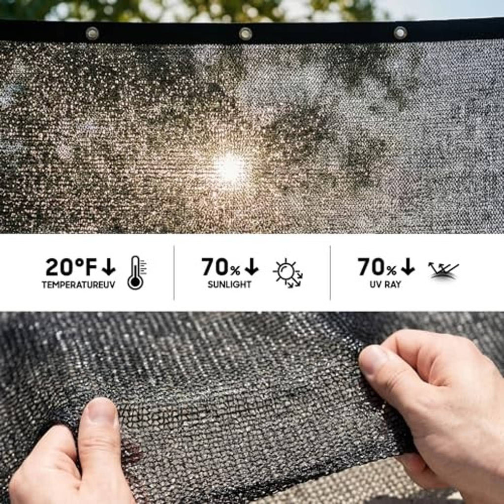 Black woven shade cloth mesh, close-up with hands pressing, 70% shade icon