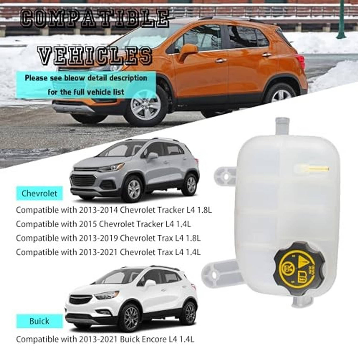 Coolant overflow reservoir tank with black warning cap, translucent white plastic