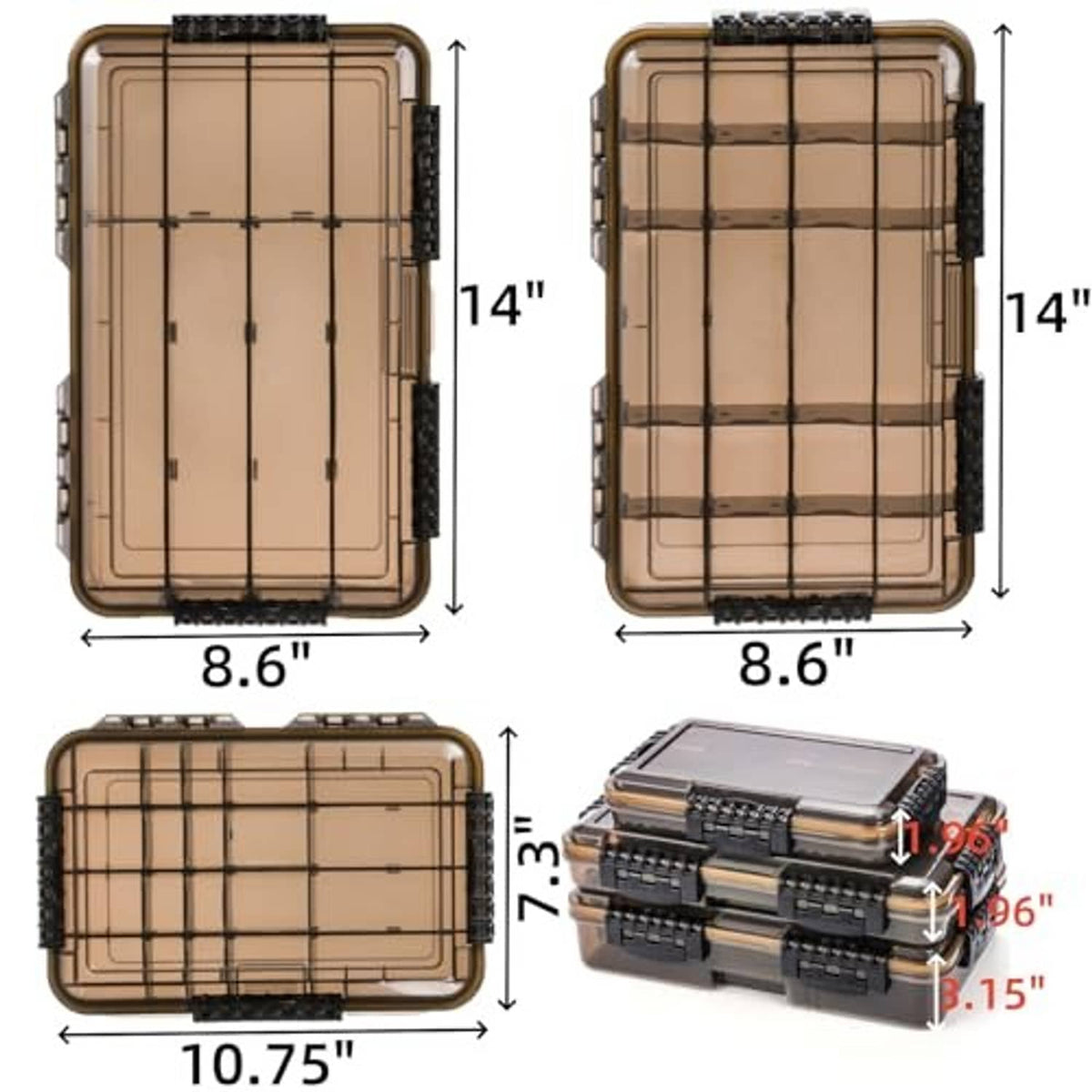 Stackable waterproof fishing tackle box with clear lid and removable divider grid, 4 sizes shown