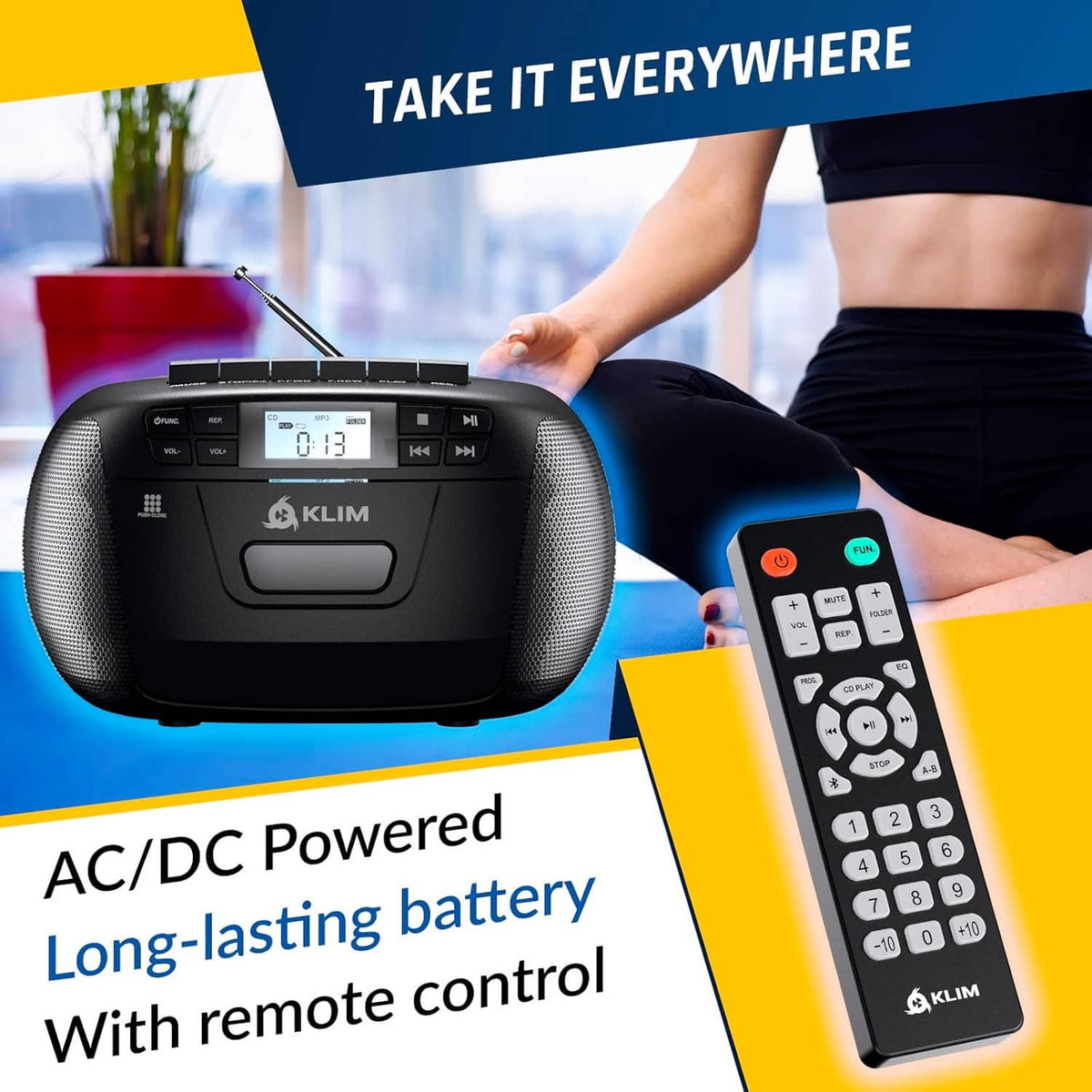 Black CD cassette player boombox with LCD display and included remote control.