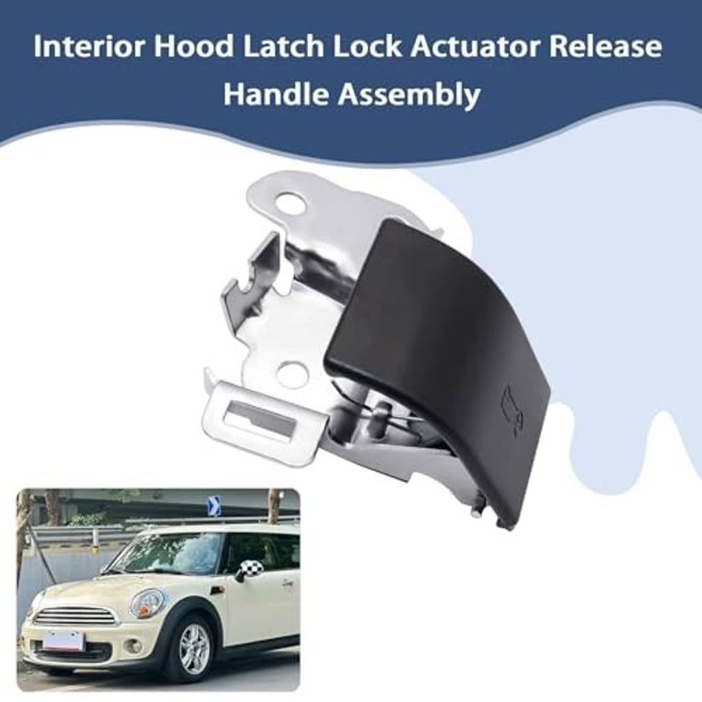 Hood latch lock actuator release handle assembly with black hood-release cover and silver base
