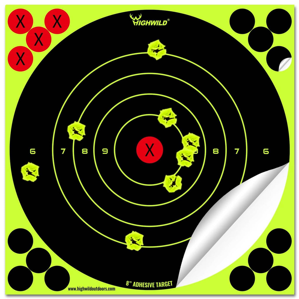 Fluorescent yellow adhesive bullseye target with neon ring lines and red X markers