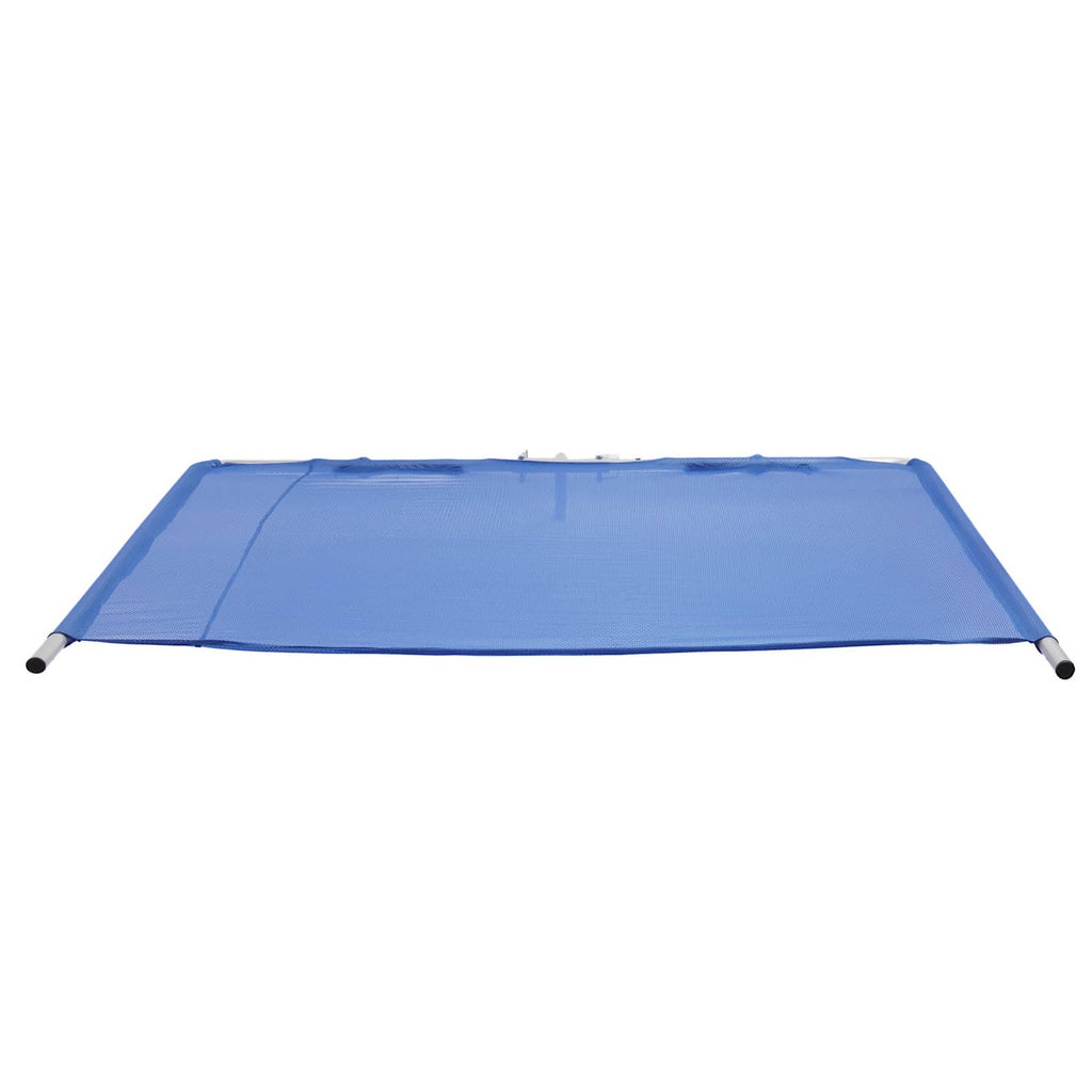 Rectangular blue boat sun shade with silver corner poles and stretched mesh