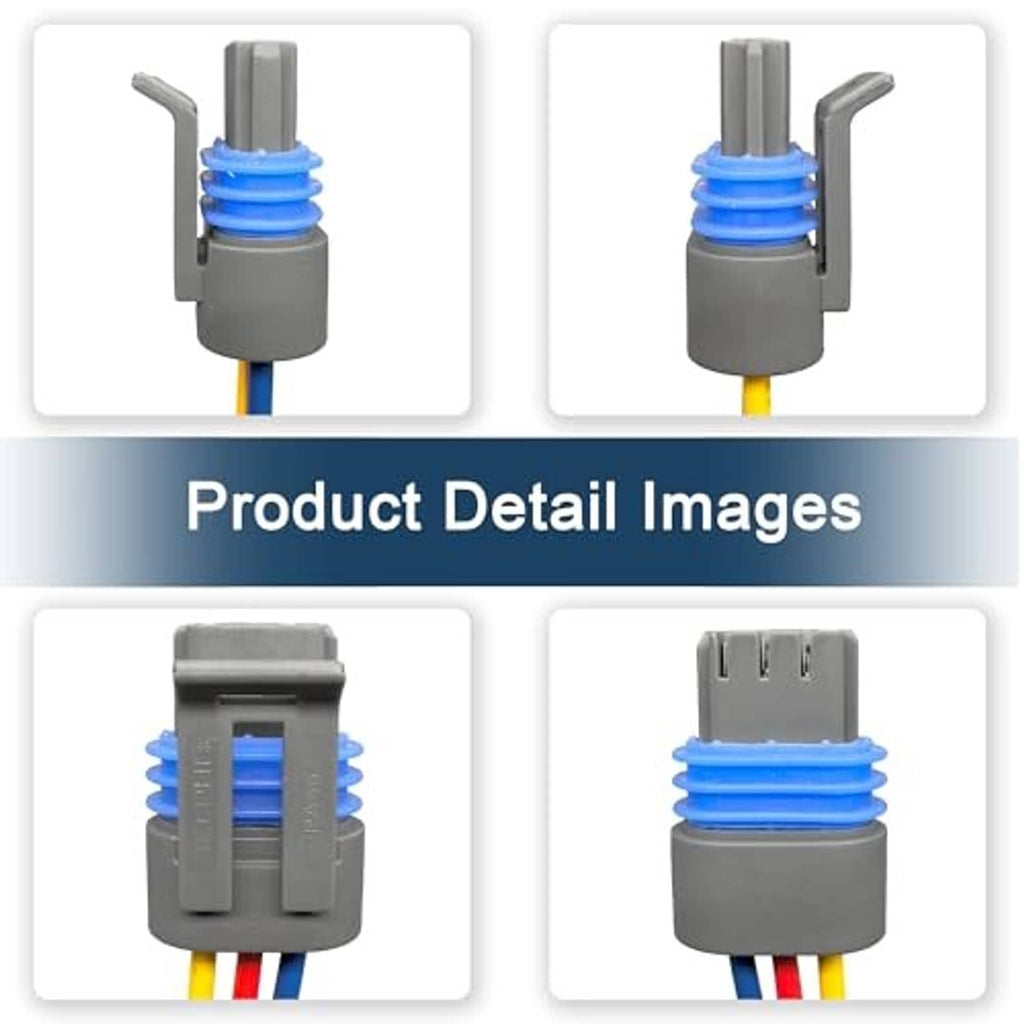 Gray sensor connector with blue locking tabs and three-color wire leads; close-up details