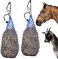 Pair of conical slow-feed hay nets, blue and tan mesh with black hanging loops