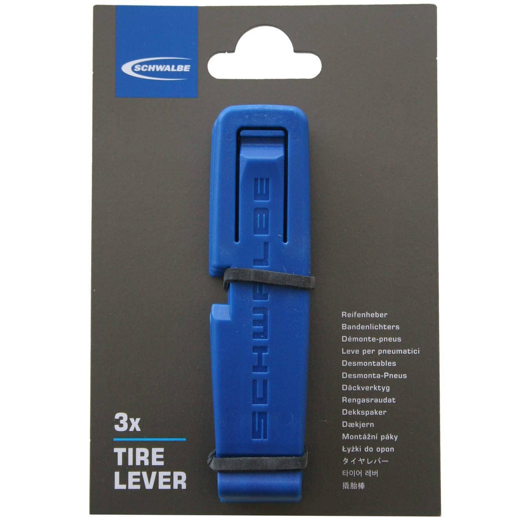 Blue bicycle tire lever set in retail package with hanging display card