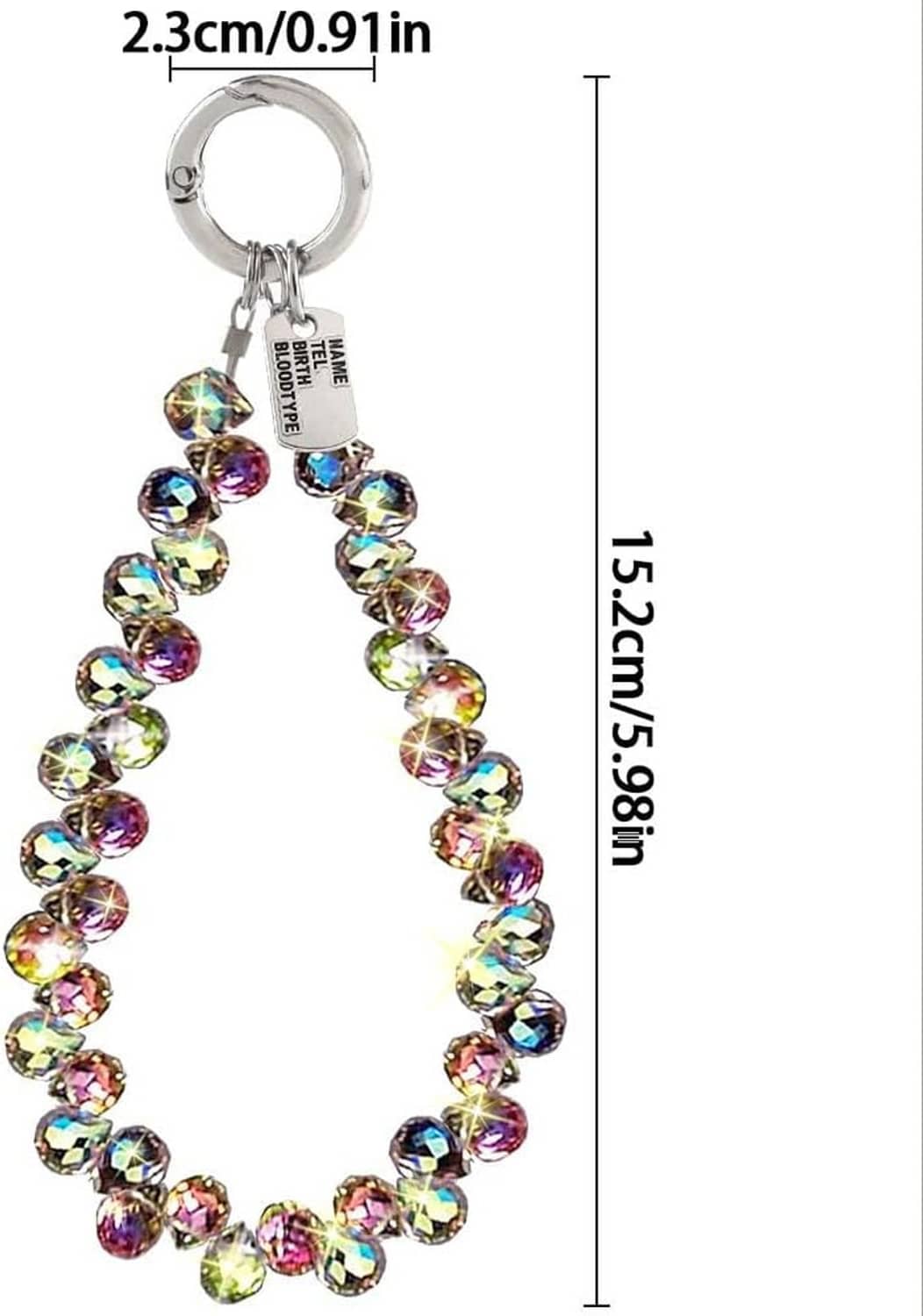 Long beaded phone lanyard with iridescent multi-color crystal beads and metal loop ring