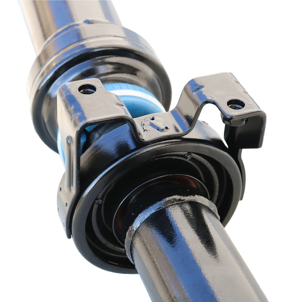 Drive shaft assembly coupling with black mounting bracket and blue steel shaft section