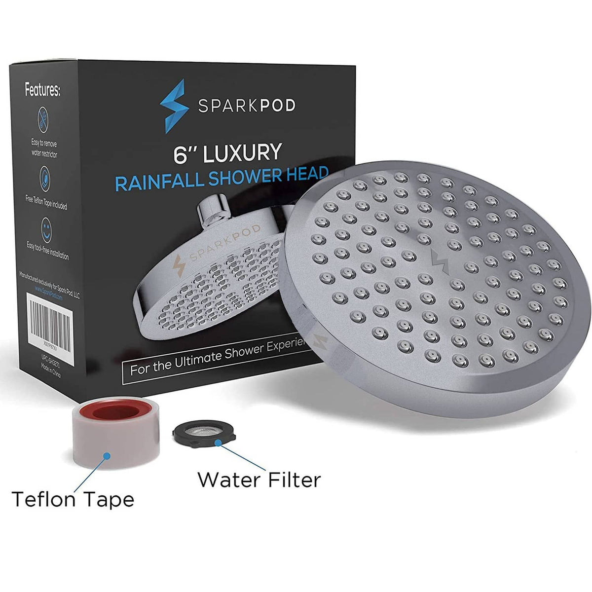 Charcoal grey 6-inch rain shower head kit with water filter and seal tape