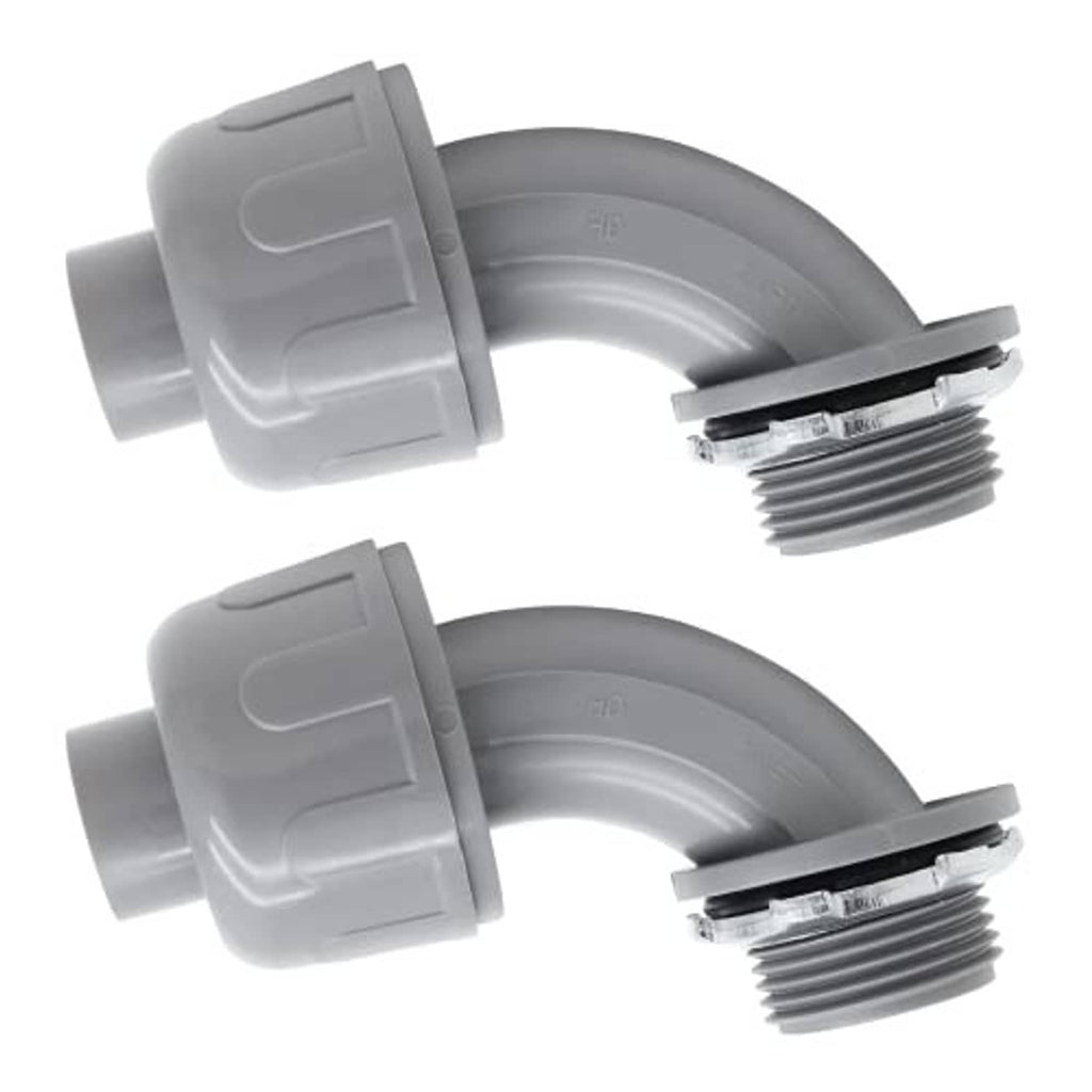 Gray 90-degree conduit elbow connector with male threaded end, 2-pack