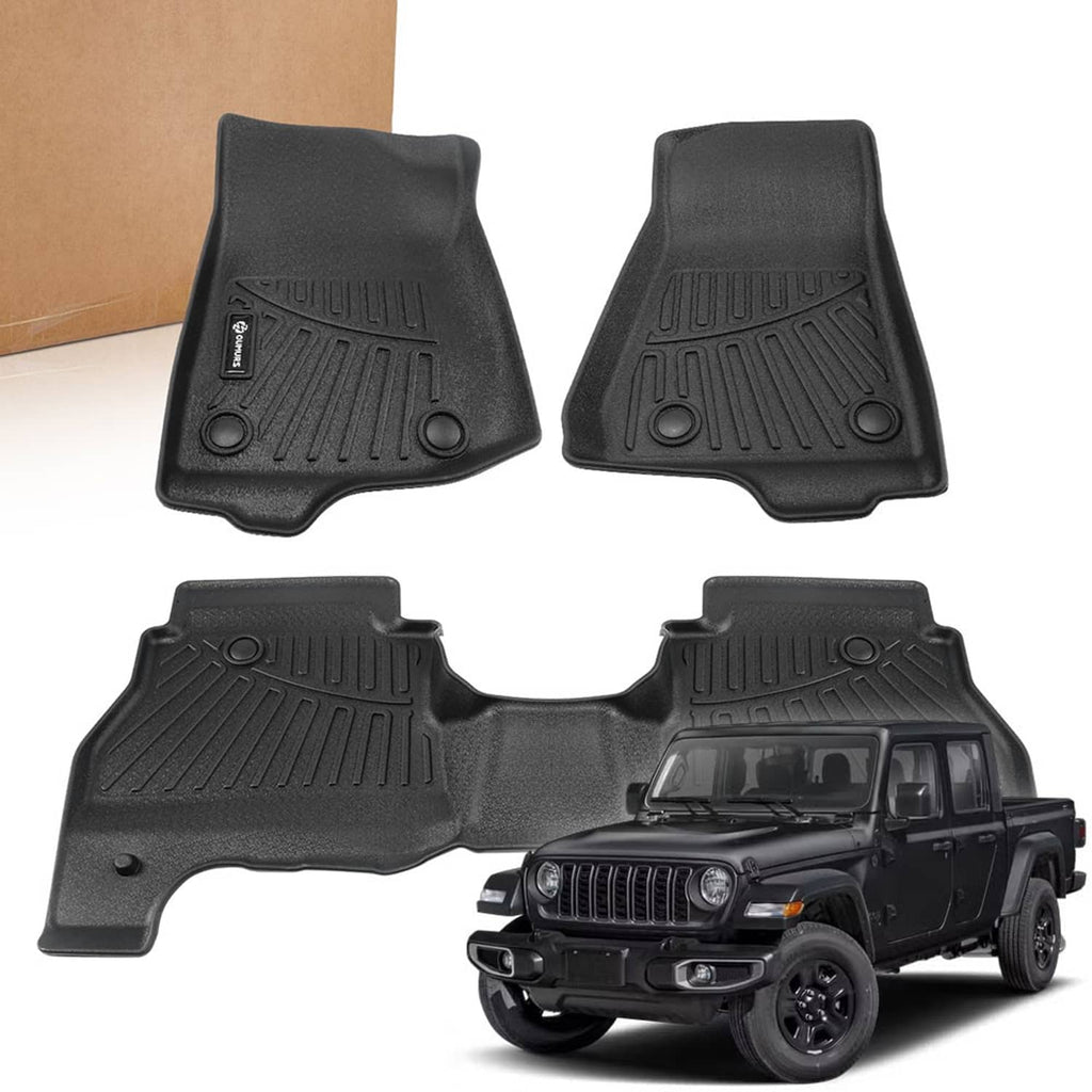 Black 3-piece floor liners with raised channels, shown with a vehicle in background