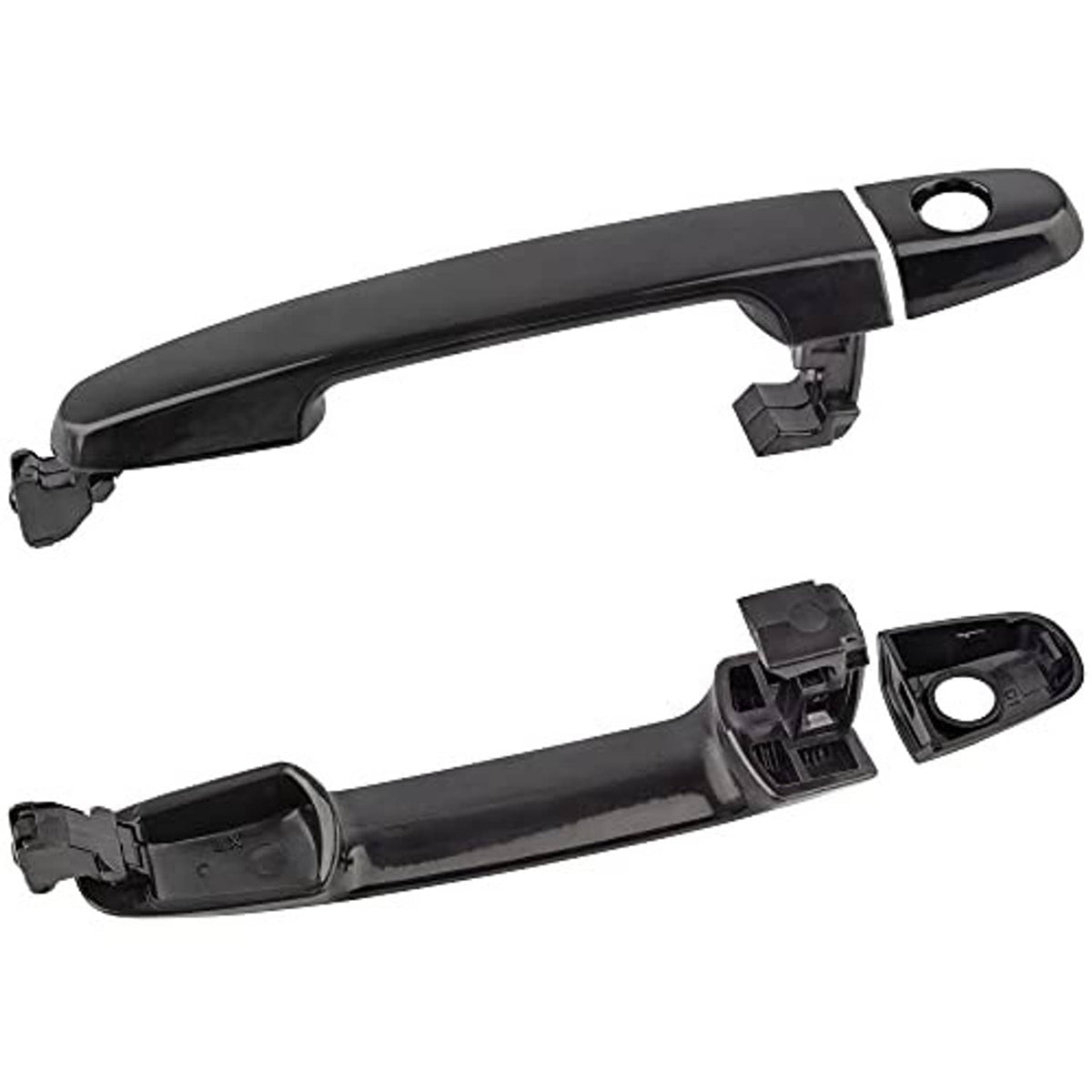 Black exterior door handle with underside mounting bracket and keyhole bezel