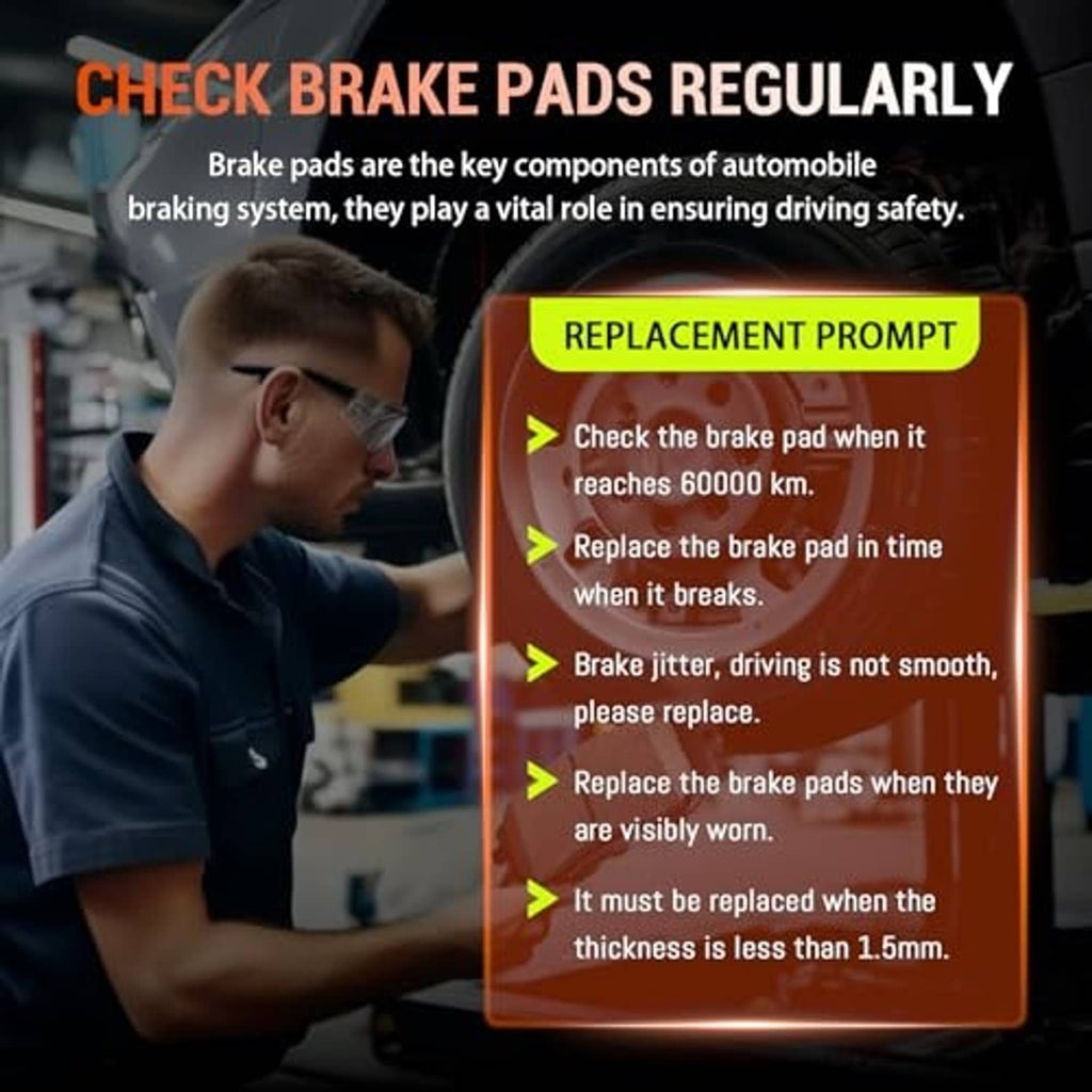Ceramic brake pads shown with warning infographic layout and dark gray pad shapes