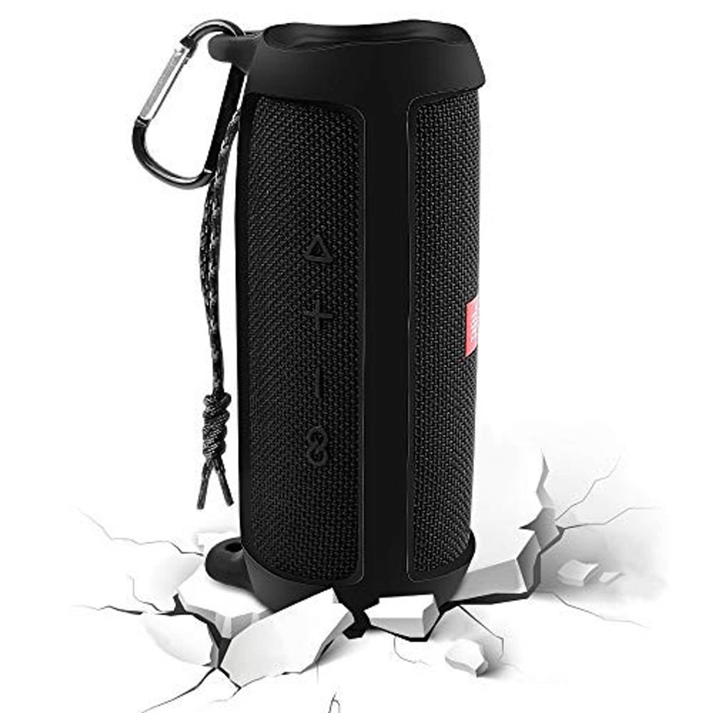 Black silicone speaker case with textured grip panels and carabiner clip for JBL FLIP 5