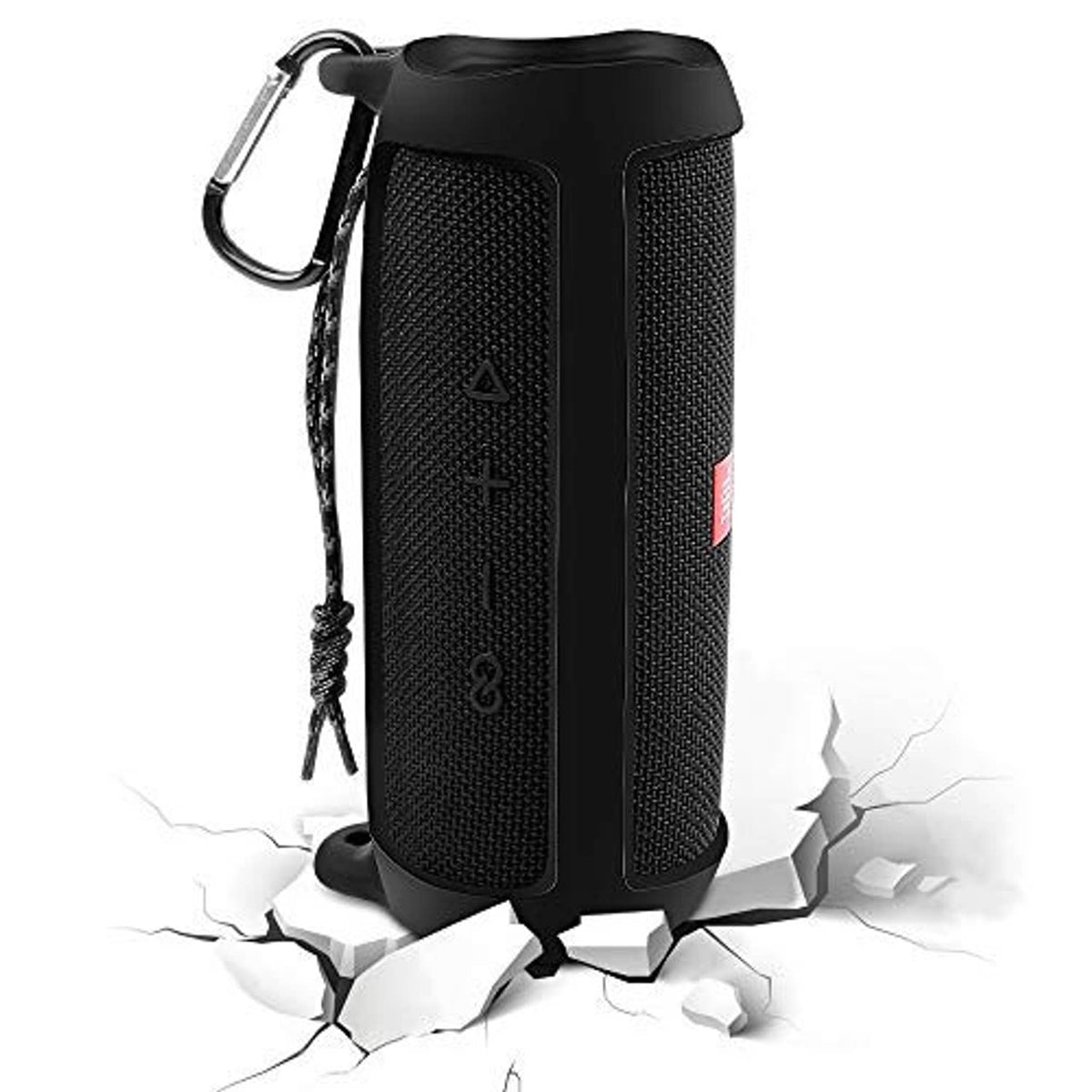 Black silicone speaker case with textured grip panels and carabiner clip for JBL FLIP 5