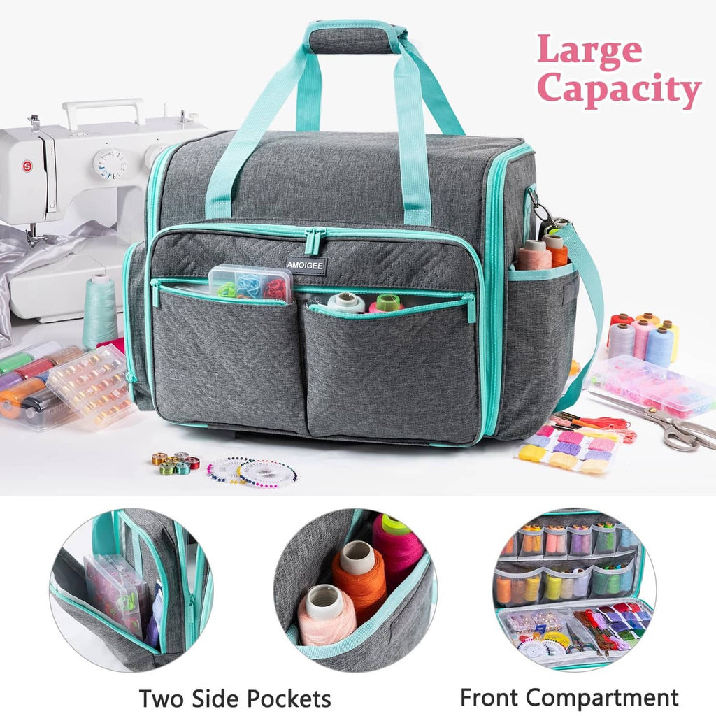Gray and teal large-capacity sewing machine case with front compartment and side pockets
