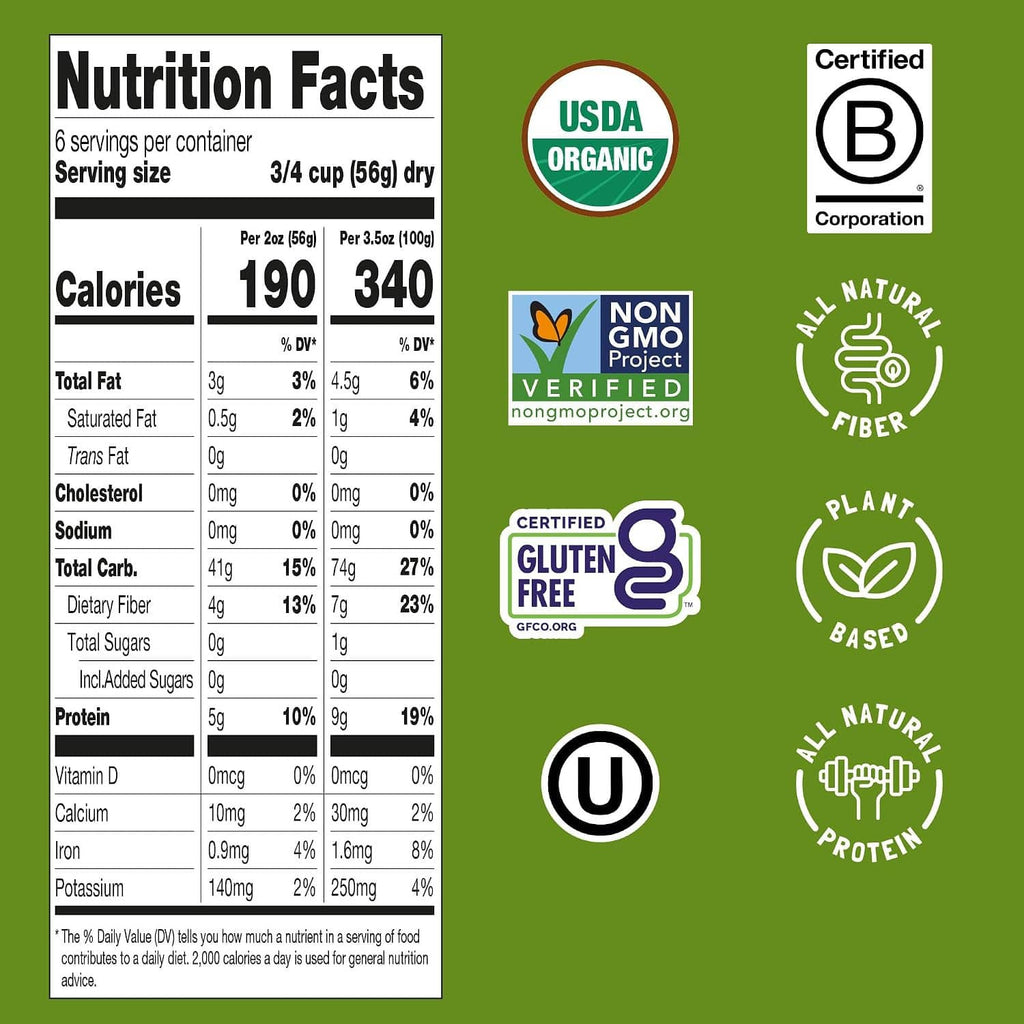 Felicia Oat Penne nutrition facts panel with calories, fiber, protein, gluten-free seal