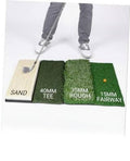 Golf practice hitting mat with sand, tee, rough, and fairway sections