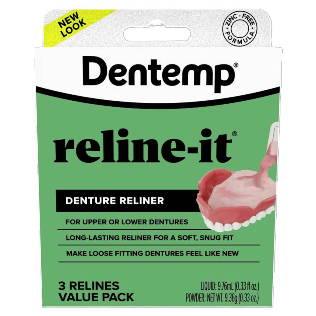 Dentemp reline-it denture reliner value pack box, green and white front label