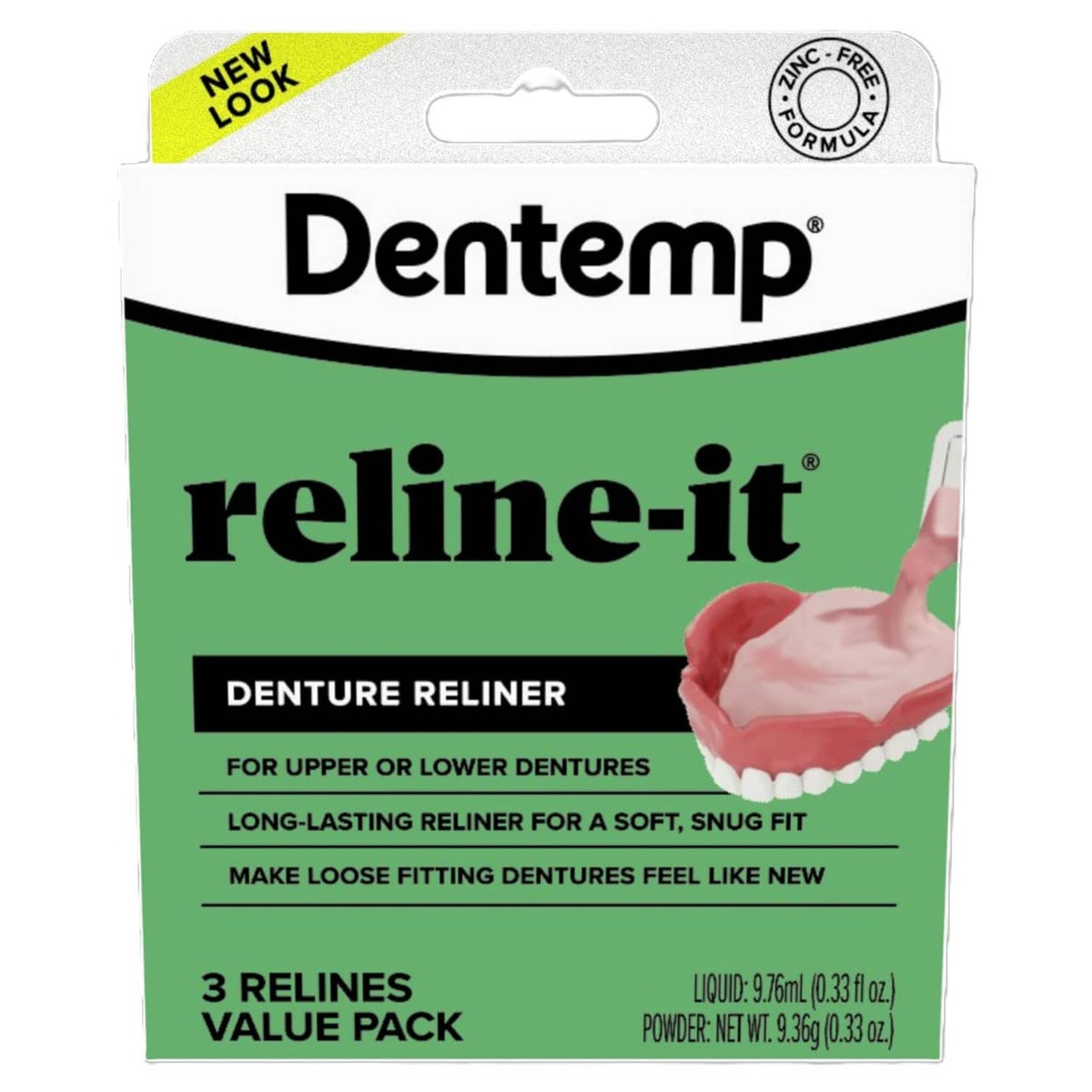 Dentemp reline-it denture reliner value pack box, green and white front label