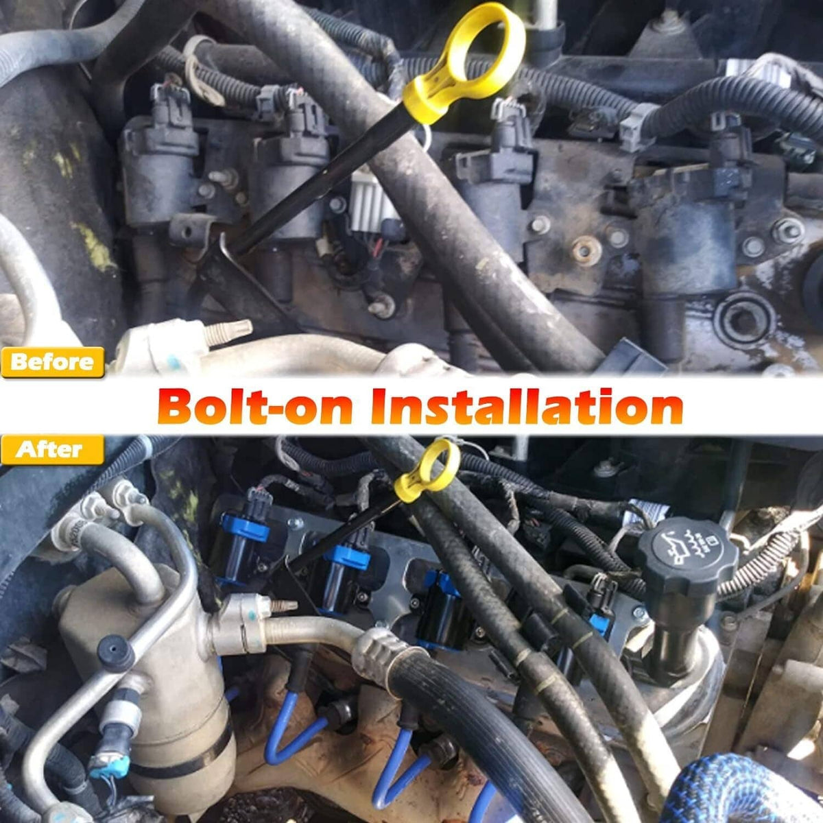 Billet aluminum coil brackets installed on engine bay, multiple coil mounts visible